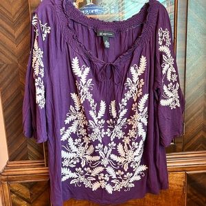 INC Purple and Ivory Embroidered Blouse 1X